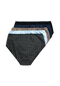 Fünf Paar Damen-Slips mit hoher Taille in Schwarz mit kleinen weißen Dreiecken, Hellblau, Beige, Marineblau und Schwarz, gestapelt auf weißem Hintergrund.