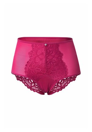 Hoch taillierter magentafarbener Slip mit floraler Spitzenfront und Besatz, verziert mit einem kleinen silbernen Schmuckanhänger in der Mitte des Taillenbunds.