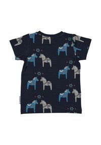 Kortærmet navy T-shirt lavet af blødt bomuld, med et gentaget mønster af farverige heste med dekorative accenter og blomster motiver.