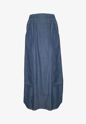 Denim nederdel med elastisk talje, mellemlang design, sidelommer og synlige sømdetaljer i en medium blå farve.