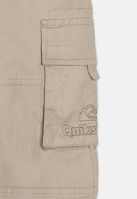 Beige cargoshorts met een enkele zijzak, voorzien van gestikte logo-details en platte naden. Gemaakt van duurzaam materiaal met een gladde textuur.