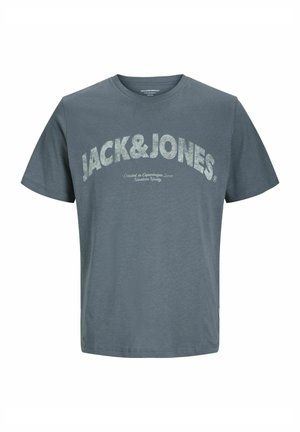 Gray cotton t-shirt featuring a large, light-colored "JACK&JONES" logo across the chest, with shorter sleeves and a round neckline.