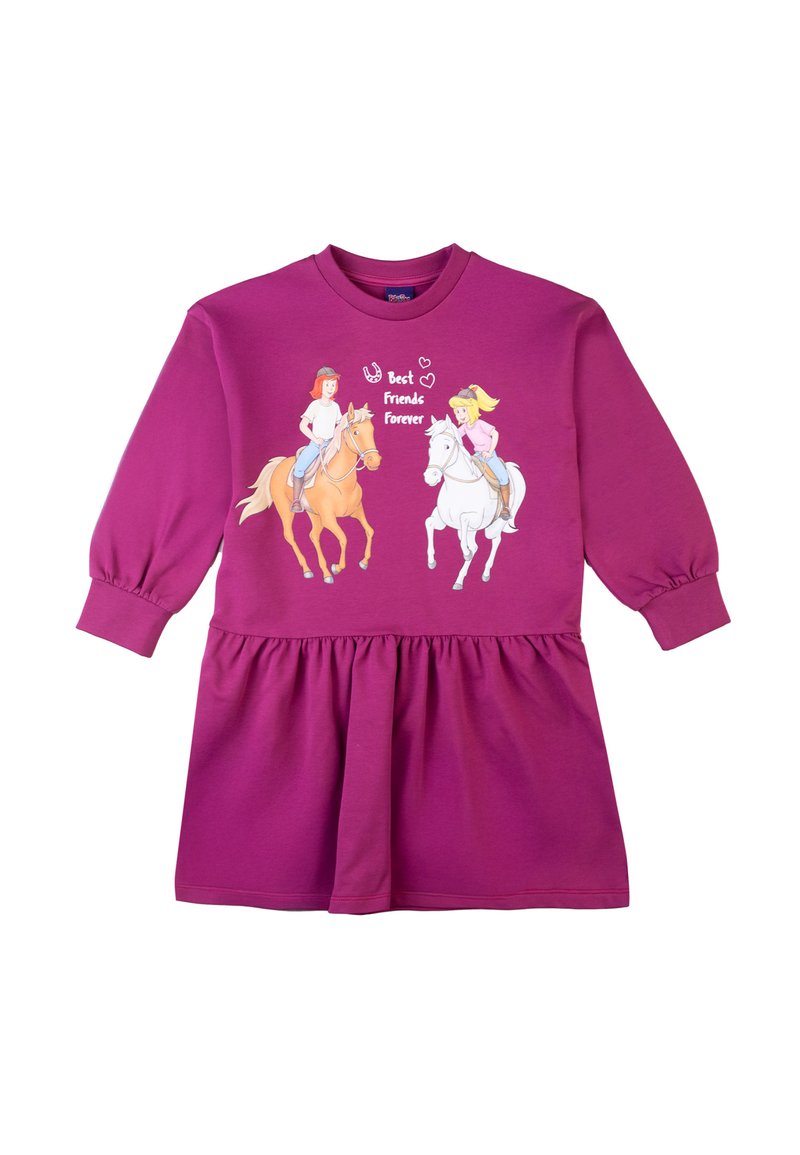 Lila Sweatshirt-Kleid mit langen Ärmeln. Mit einem Grafikdruck von zwei Mädchen auf Pferden und dem Text "Beste Freunde für immer". Mit einem rüschengeschnittenen Saum.