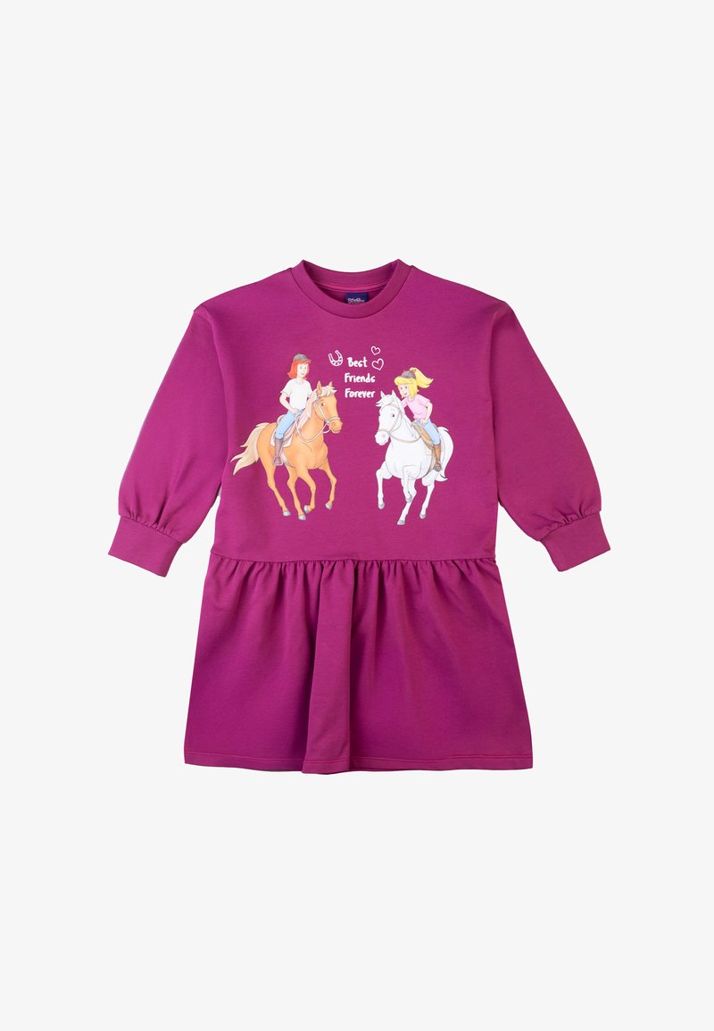 Lila Sweatshirt-Kleid mit langen Ärmeln. Mit einem Grafikdruck von zwei Mädchen auf Pferden und dem Text "Beste Freunde für immer". Mit einem rüschengeschnittenen Saum.
