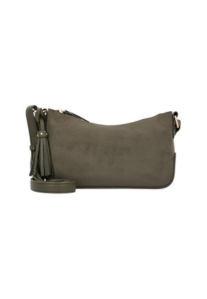 Sac à épaule en daim vert olive avec une surface lisse, un design rectangulaire slim, une fermeture éclair, une sangle réglable et un accent à pompon.