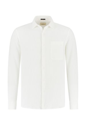 Hosszú ujjú, fehér, gombos ing mellzsebbel és klasszikus gallérral, texturált anyagból készült.