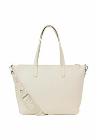 Beige vegan leren tote bag met dubbele handgrepen en een afneembare schouderband, voorzien van een gladde textuur, minimalistisch ontwerp en subtiele logo-details.