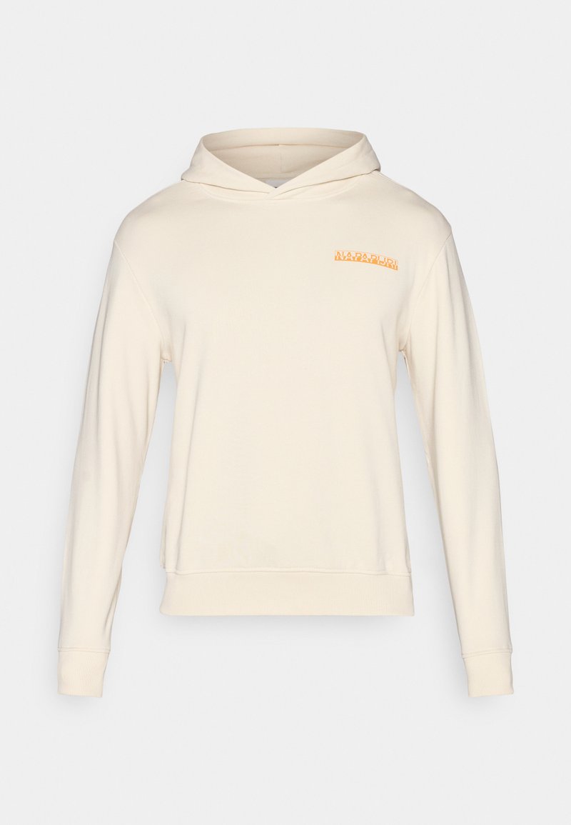 Cremefarbener Hoodie aus weicher Stoff; verfügt über eine Kängurutasche, lange Ärmel und ein oranges Logo auf der linken Brust. Glatte Textur.