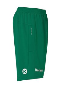 Groene sportshorts van ademend materiaal met een textuur in de tailleband, zijpaneel-details en een wit logo met de merknaam "Kempa."