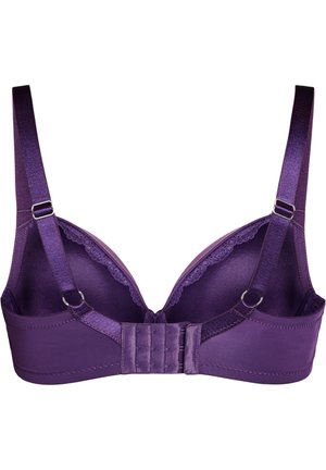 Purple bra with lace trim, adjustable straps, and a three-hook back closure. Smooth satin texture enhances design.