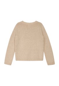 Maglione beige a maglia con scollatura rotonda, maniche lunghe, polsini e orlo a coste. Tessuto morbido e motivo uniforme su tutta la stoffa.