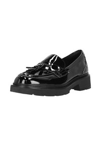 Schwarze Lacklederschuhe mit klobiger Sohle, featuring ein dekoratives Quasten Detail und einer glatten, glänzenden Oberfläche.