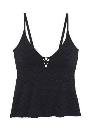 Schwarzes Spitzentankini-Top mit dünnen verstellbaren Trägern und einer kleinen geknoteten Aussparung vorne in der Mitte.