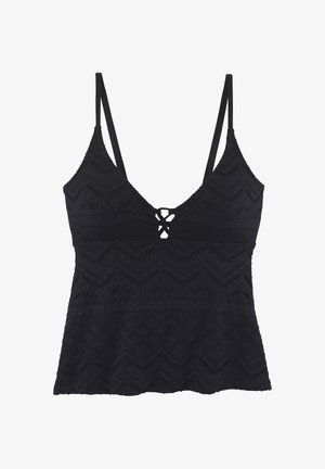 Schwarzes Spitzentankini-Top mit dünnen verstellbaren Trägern und einer kleinen geknoteten Aussparung vorne in der Mitte.