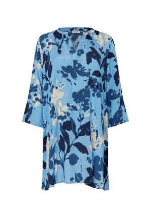 Blaue Tunika mit floralen Mustern in Dunkelblau und Weiß, V-Ausschnitt, dreiviertel langen Ärmeln und lockerem Schnitt. Weicher, strukturierter Stoff.