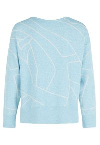 Lichtblauwe sweater met een gestructureerd oppervlak, losse pasvorm en crèmekleurig abstract patroon. Lange mouwen en een brede ronde halslijn.