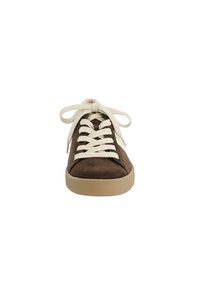 Brown suede sneaker with cream laces, rounded toe, and a light tan rubber sole. Features simple design and consistent texture.