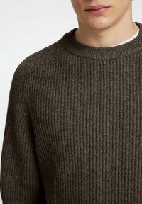 Bruine geribbelde trui met een ronde hals. Textuurstof en aansluitend ontwerp, dat een rijke weving en een effen kleur zonder patronen toont.