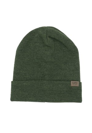 Dark green knitted beanie with folded cuff and small rectangular label reading "CAPO STAY AHEAD" on the cuff's side.