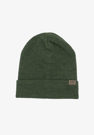Dark green knitted beanie with folded cuff and small rectangular label reading "CAPO STAY AHEAD" on the cuff's side.