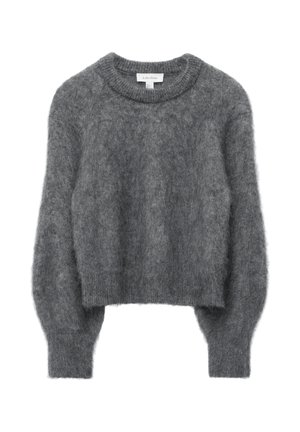 Gray cropped sweater made of soft, fluffy material, featuring a round neckline and long sleeves with a ribbed hem.