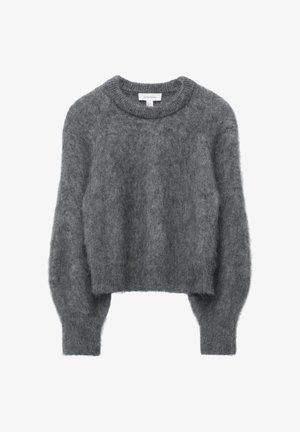 Gray cropped sweater made of soft, fluffy material, featuring a round neckline and long sleeves with a ribbed hem.