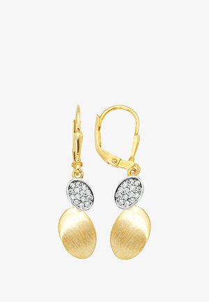 Gold-tone earrings featuring a brushed oval design, accented with a shiny silver oval set with white rhinestones. Leverback closure.