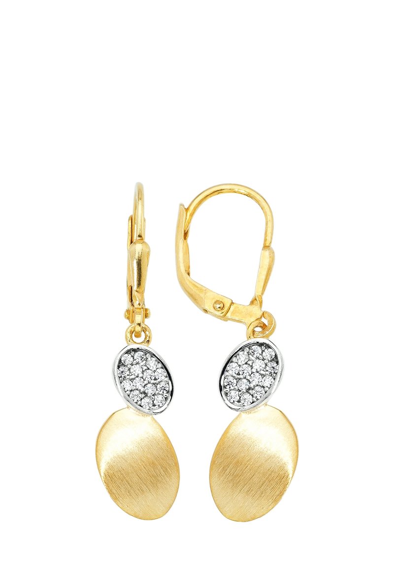 Boucles d'oreilles en ton or avec un design ovale brossé, rehaussées d'un ovale argenté brillant orné de strass blancs. Fermoir à levier.