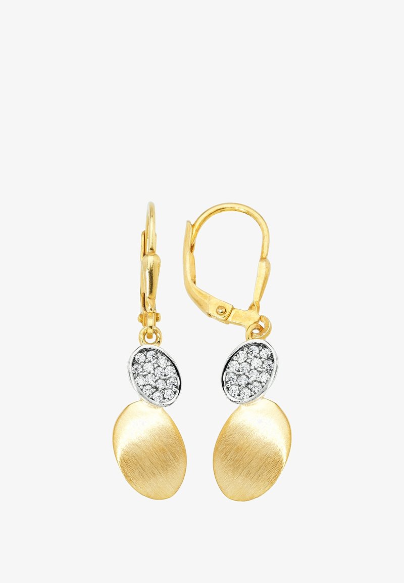 Boucles d'oreilles en ton or avec un design ovale brossé, rehaussées d'un ovale argenté brillant orné de strass blancs. Fermoir à levier.