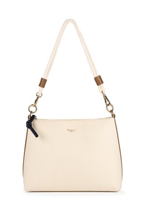 Krémová plátenná kabelka s hnedým koženým základom, opletenou krémovou rúčkou, zlatými kovaniami a námorníckym modrým mašľou na zips.