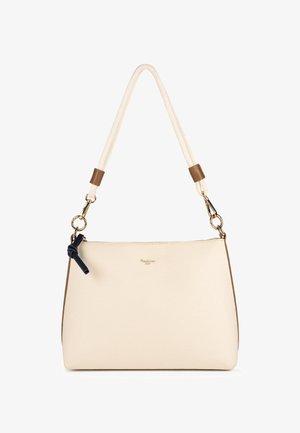 Kremowa torba z płótna z brązową skórzaną podstawą, oplecionym kremowym uchwytem, złotymi okuciami i granatową kokardą przy zamku.