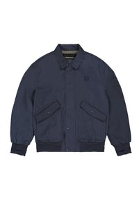Marineblaue Bomberjacke aus glattem Stoff mit gerippten Bündchen, zwei vorderen Klapptaschen und einem Logo-Patch auf der Brust.