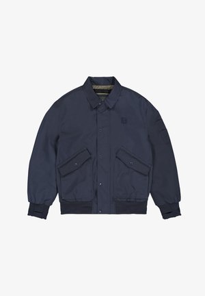 Marineblauwe bomberjack van gladde stof met ribbelmanchetten, twee opgestikte zakken aan de voorkant en een logo patch op de borst.