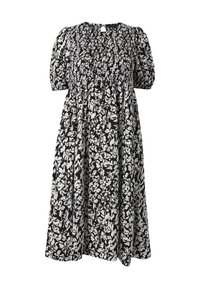 Schwarz-weißes Blumenkleid mit Puffärmeln, gerafftem Oberteil und weitem Rock. Leichter Stoff mit knielangem Design.