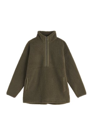 Olijfgroene fleece-pullover met gedeeltelijke ritssluiting, hoge kraag en twee zijzakken. Gestructureerde, zachte buitenkant met een losse pasvorm.