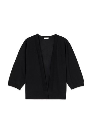 Sort cardigan med åbent front og lange ærmer med ribstrikkede manchetter og kant, vist mod hvid baggrund.