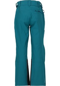 Teal snöbyxor med en slät textur, featuring en midjeresår och dragkedjor, svarta detaljer i botten. Designade för vinteraktiviteter.