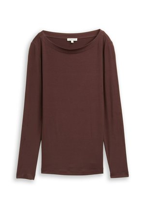 Maglia a maniche lunghe in tessuto marrone scuro, con scollatura ampia e vestibilità aderente. Texture liscia con orlo dritto e dettagli di design minimi.