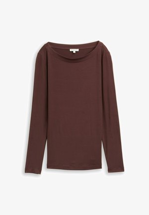 Tumepruunist kangast pikakäistega särk, millel on lai kaelus ja kitsas lõige. Sile tekstuur sirge äärega ja minimaalsete kujunduselementidega.