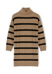 Maglione a collo alto marrone con strisce orizzontali nere, realizzato in tessuto morbido. Presenta polsini e orlo a coste, con una vestibilità comoda.