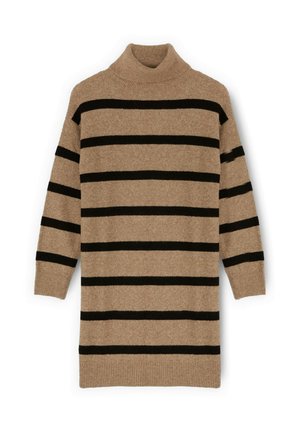 Ruskea kaulusneule, jossa on mustia vaakaraitoja, tehty pehmeästä kankaasta. Varrelliset hihansuut ja helma, rento leikkaus.