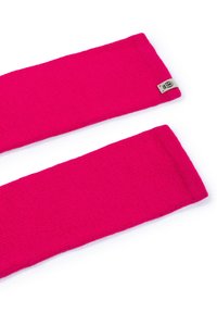 Fuchsia knitted scarf, rectangular shape, textured fabric with a small branded label on one end, smooth edges.