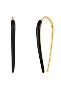 Melni un zeltaini izteiksmīgi auskari ir ar pagarinātām, izliekta veida formām. Melnais segments ir ar gludu virsmu, bet zelta daļa ir ar pulētu tekstūru.