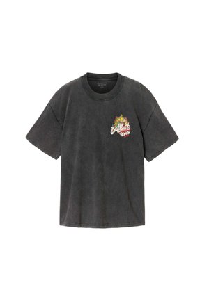 Tumehall lühikeste varrukatega T-särk, millel on vasakul rinnal väike värvikas lilleline graafika ja tekst "AllSaints Rock".