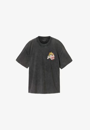 Tmavosivá krátky rukáv tričko s malým farebným kvetinovým motívom a nápisom "AllSaints Rock" na ľavej prednej strane.