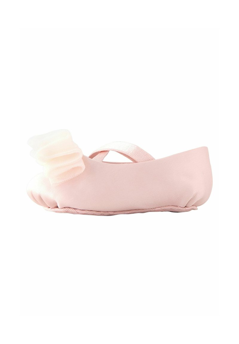 Zartrosa Ballerinas aus weichem Material, mit runder Spitze und einer gerafften Dekoration an der Vorderseite. Elastischer Riemen für einen guten Sitz.