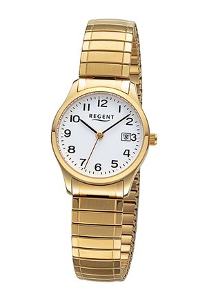 Montre-bracelet en or avec cadran blanc, chiffres noirs, affichage de la date à 3 heures, et bracelet métallique extensible.