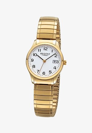 Montre-bracelet en or avec cadran blanc, chiffres noirs, affichage de la date à 3 heures, et bracelet métallique extensible.