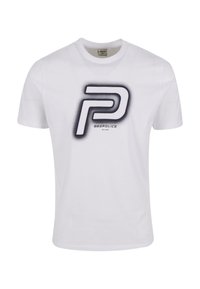 White cotton T-shirt with short sleeves featuring a large black letter "P" and "883POLICE MILANO" printed below in black.