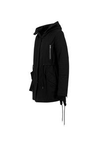 Veste extérieure noire avec capuche, dotée d'une poche zippée, de deux poches avant, de cordons de serrage ajustables à la taille et à l'ourlet, et de manches texturées.